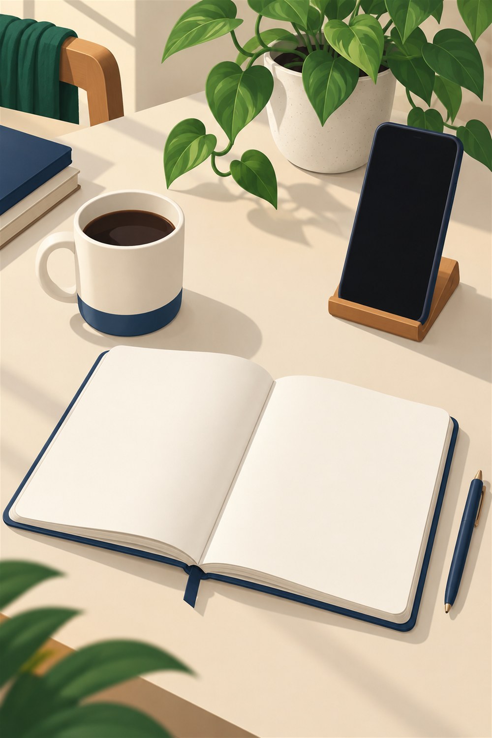 Mesa de casa com caderno aberto, caneca e celular apoiado, em luz natural